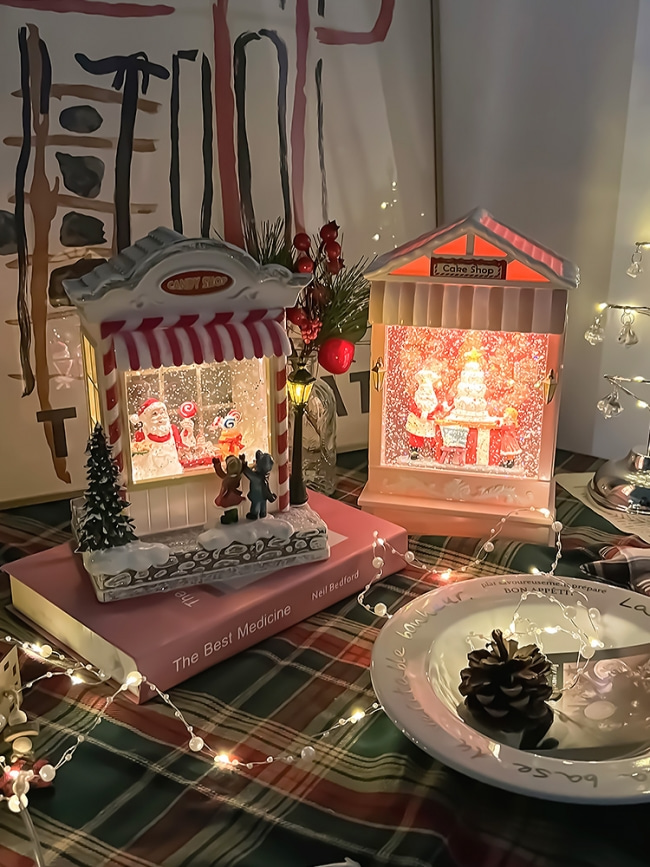 크리스마스 카페 오르골 산타 커피숍 스노우볼 크리스마스 선물 레드 핑크
